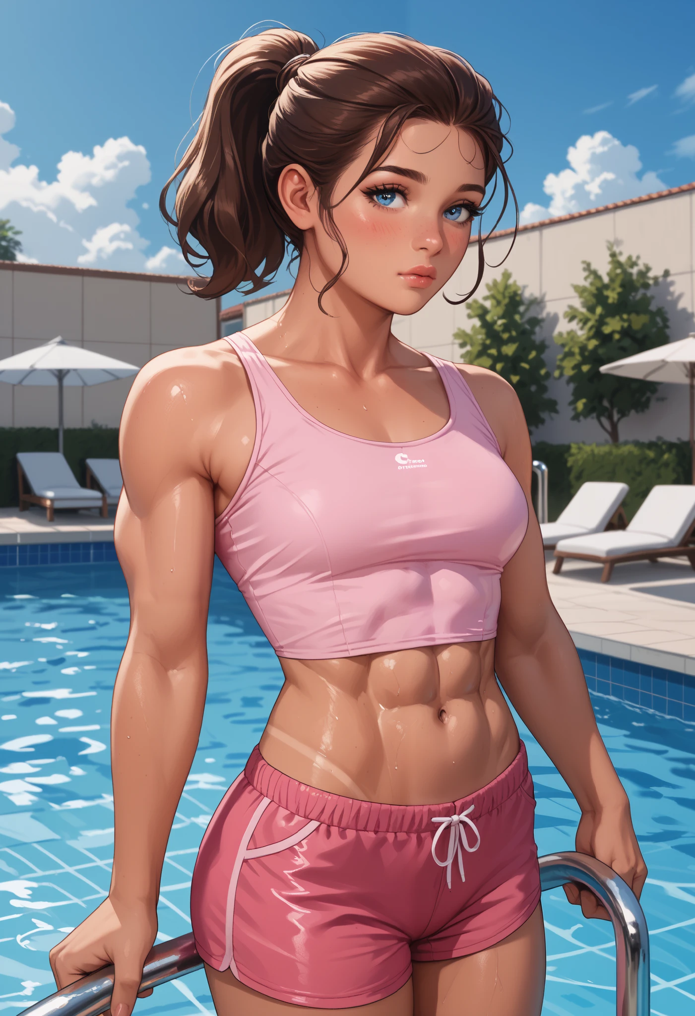 Dominic, rathing_questionable , brunette tanned, thick eyelashed, nice eyebrowed, plastic lips, brown ponytail, blue eyes, thick legged, plastic breasted ,Walking along the edge of the hotel rooftop swimming pool. (Cropped swim tank top) (pink swim shorts) ,((Medium bust:0.5)) , ((very thin:0.8)) gaunt , strong (look at arm) 6 pack , Medium ass , sexy pose (Very shy) abs
