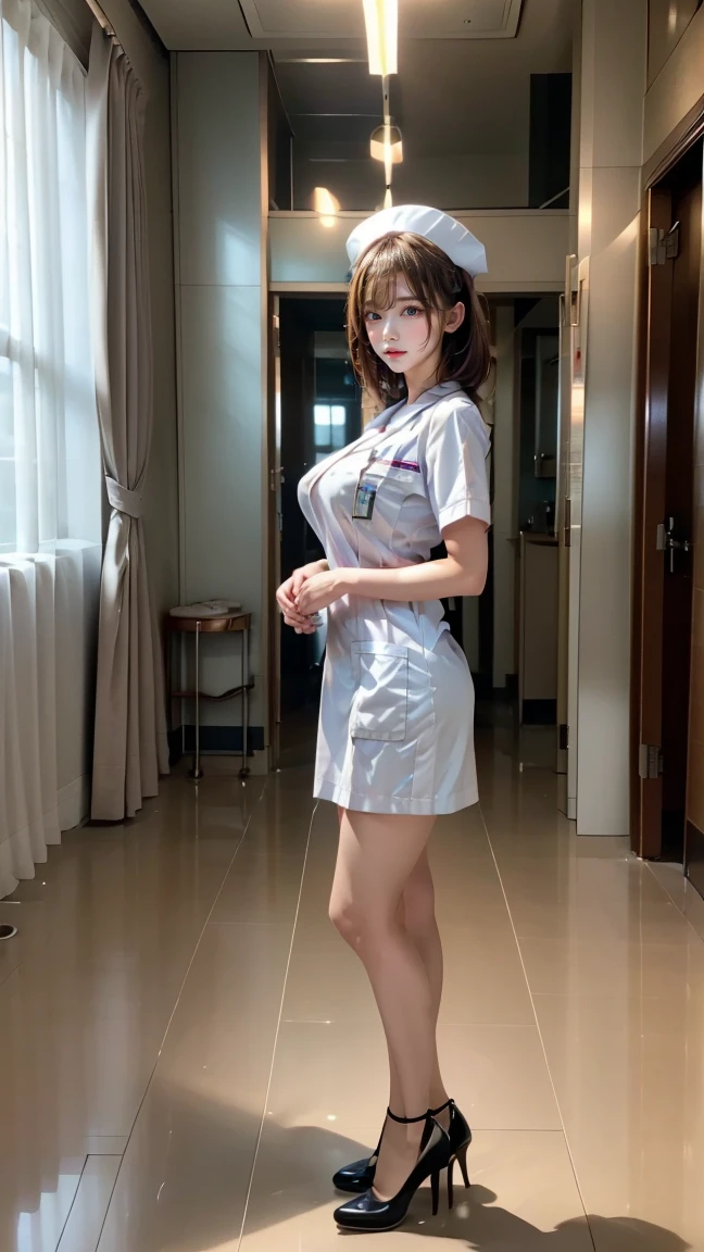 (32K:1.9, Highest quality, masterpiece, Ultra-high resolution), Professional camera work:1.3, Very detailedな肌と顔の質感:1.3, Always accurate, Very detailed, ((25 talents, nurse, A dark room in a large hospital:1.4, The moonlight at night illuminates the room:1.2)), (Big breasts on the verge of bursting, Tight white nurse uniform:1.3, Incredibly slim body), Fair skin, elegant, sense of cleanliness, Sensual pose, (Big eyes that exude beautiful eroticism:0.4, A shy smile:1.0, I love you with all my heart:0.8, Open your mouth a little, lipstick, Feel the beautiful eroticism:0.9), (Dark brown medium hair), Stethoscope, Earrings, necklace, bracelet, (romantic, mysterious), Object of admiration, original, dramatic, artistic, Innovative, charm, Heartful, Fancy, sense of openness, special, exciting, Extreme, Tilt, sense of loss, sorrow, sorrowの表現, ((若さのcharm, 女性的なcharm))
