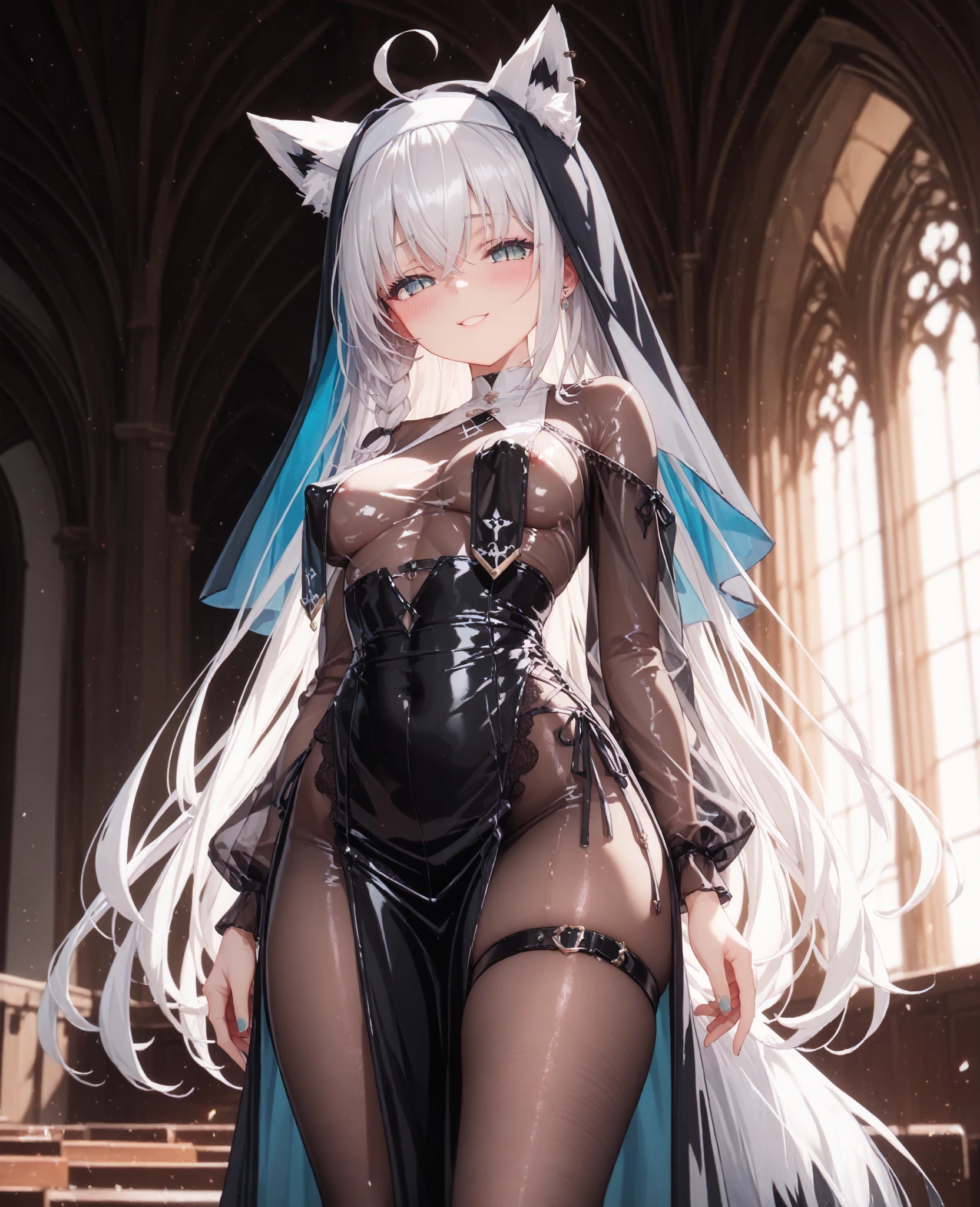((best quality)), ((masterpiece)), (detailed) , ((tribal attire)), HDR, perfect face, cloth skirt, ((long pale hair)), ((long hair)), ((tall cat ears)), ((cat tail)) ear fluff, muscly arms, ((lewd look)), built, ((nsfw)), ((silver hair)), bedroom background, collar, ((cum inside)), ((skirt lift)), wearing glasses, maid outfit, fie claussell, green eyes, beret, brown shirt, bare shoulders, arm warmers, corset, belt, white skirt, thigh boots