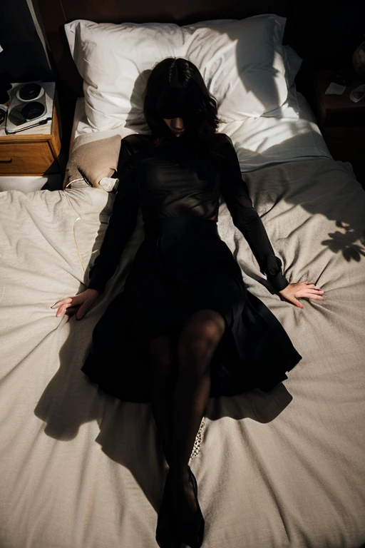 sexy woman in black pantyhose on a bed wearing a black lace eye mask