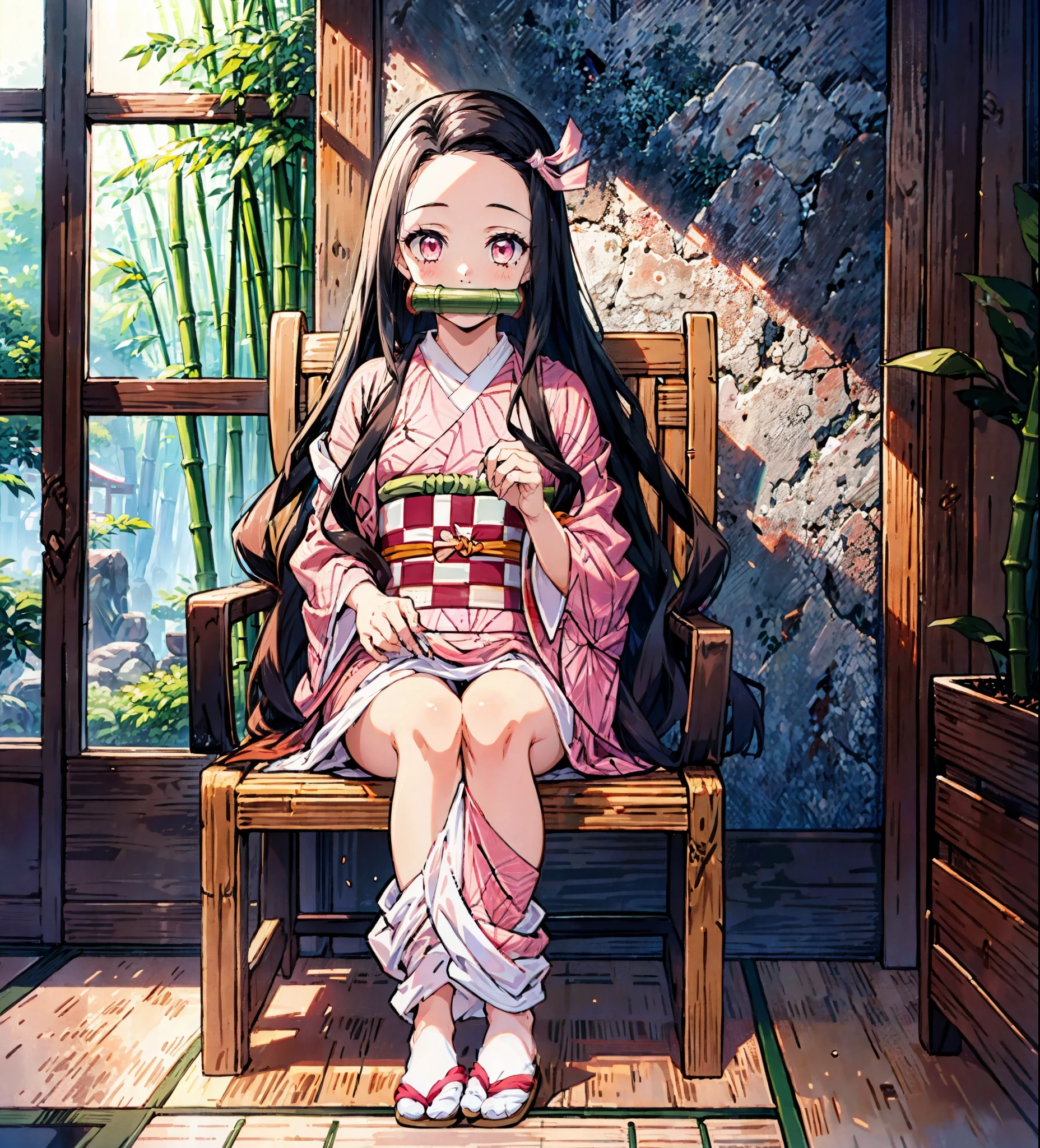 1girl, solo, long hair, calm, cut_smile, looking at viewer, ager, brown hair, black hair, ribbon, holding, sitting, very long hair, hair ribbon, multicolored hair, japanese clothes, indoors, pink eyes, feet, kimono, english text, cup, book, sash, window, chair, obi, pink ribbon, gag, haori, pink kimono, bamboo, bit gag, checkered sash, kamado nezuko,forehead, perfect_legs, detailed background,