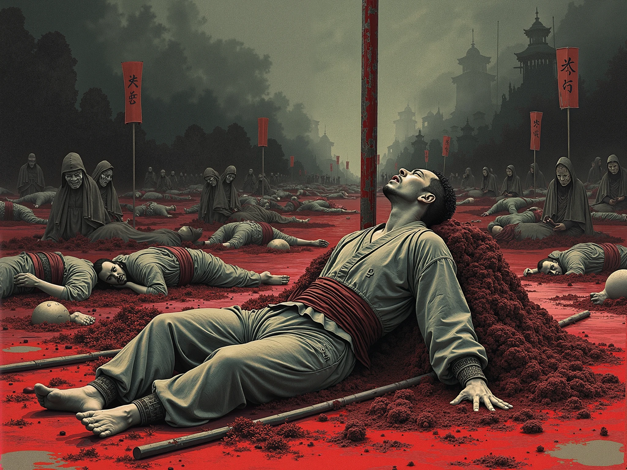 (graphic novel style, dark novel style, comic style, 2d:1.5), (hyperrealism, masterpiece:1.4), (colourful, soft cinematic light:1.1), incredibly lifelike, Extremely high-resolution details, 8k, blood dripping, many dead monks in kashaya (lies) with their eyes closed in a blood, blood everywhere, night, outside a Buddhist temple, fire, blood, bald, lying on their backs, the monks lie bleeding,