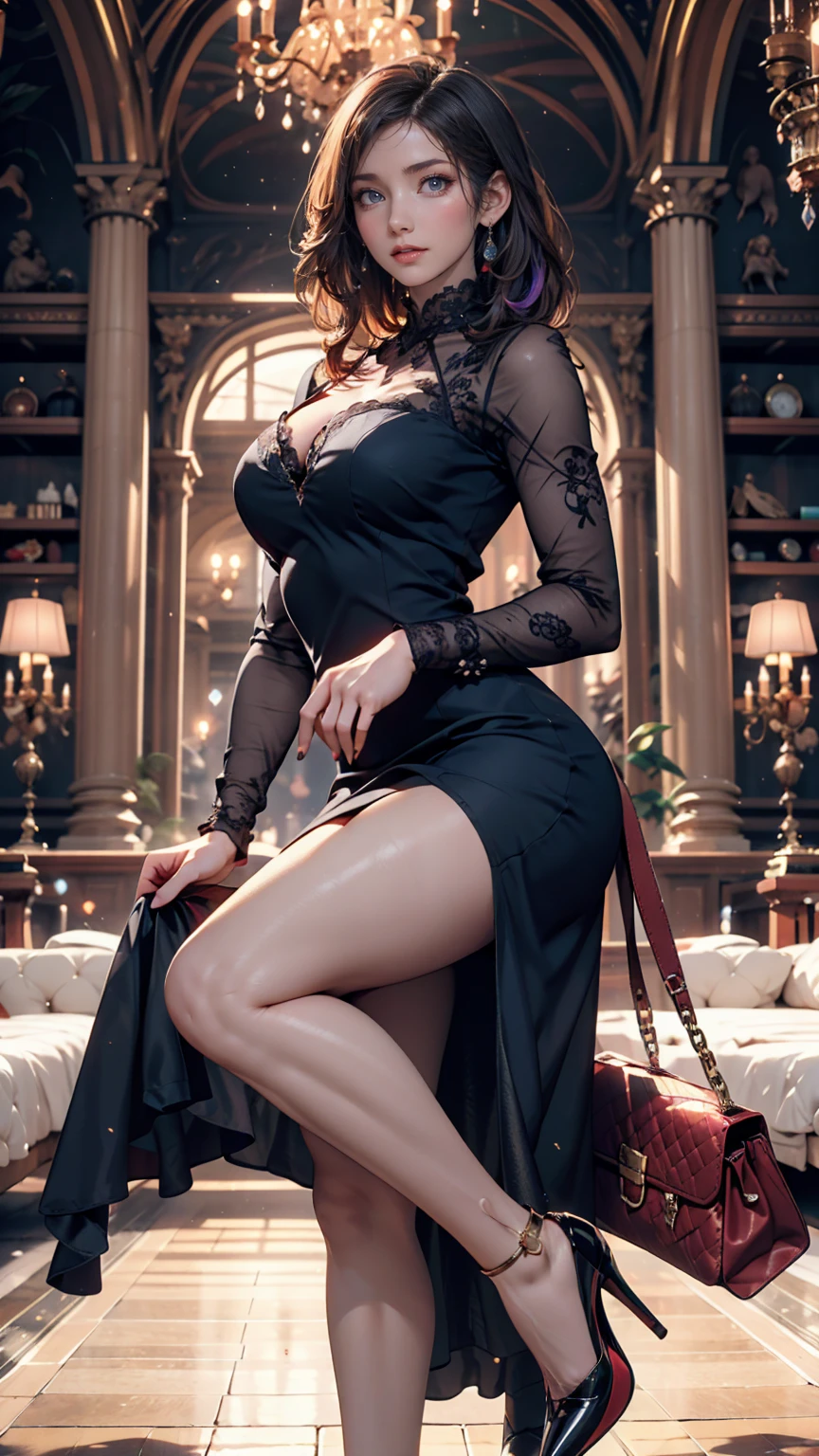 Fashion models walking in a lavish runway show。Sophisticated black silk dress、The long slit is characteristic、Accessory: gold choker、There are lots of camera flashes in the background