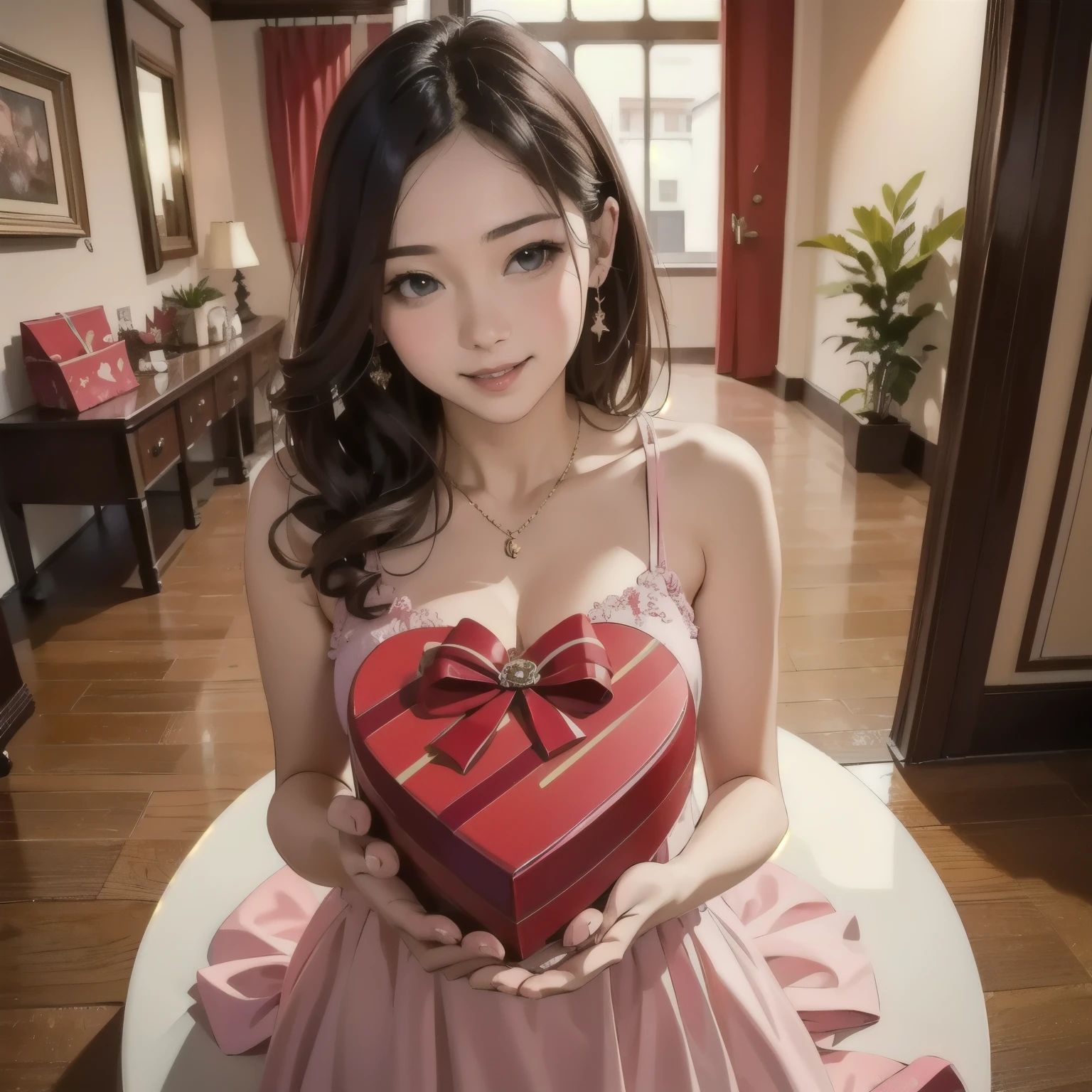 a woman in a pink dress holding a red present, cgsociety 9, holding gift, by Lü Ji, artdoll, realistic. cheng yi, realistic anime 3 d style, cgsociety, 3 d anime realistic, gifts, giving gifts to people, anime figurine, cg art, by Li Di, photorealistic anime girl render, realistic - anime, presents , realistic 