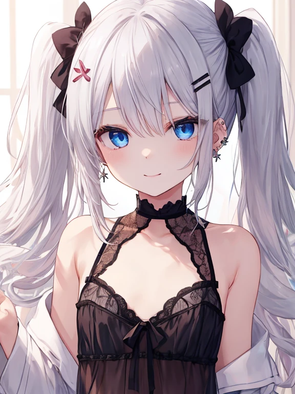 Silver Hair、Blue Eyes、girl、Small breasts、Twin tails、girl、Small breasts、A cheerful smile、Looks about 、Petan Musume、He is short、Sexy Lingerie、Highlights on eyes