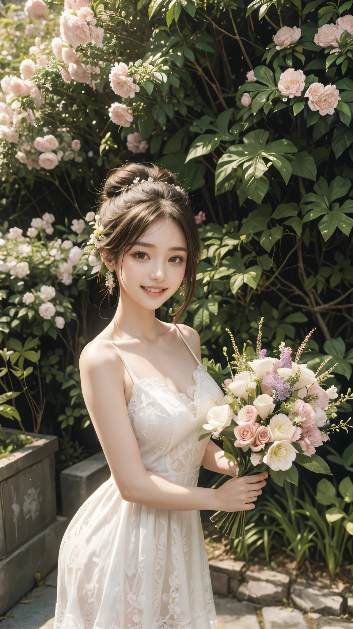 a beautiful woman in a lush garden, holding a bouquet of flowers, looking at the camera with a serene expression, sunlight filtering through the trees, intricate floral patterns, detailed facial features, elegant flowing dress, photorealistic, cinematic lighting, vibrant colors, masterpiece