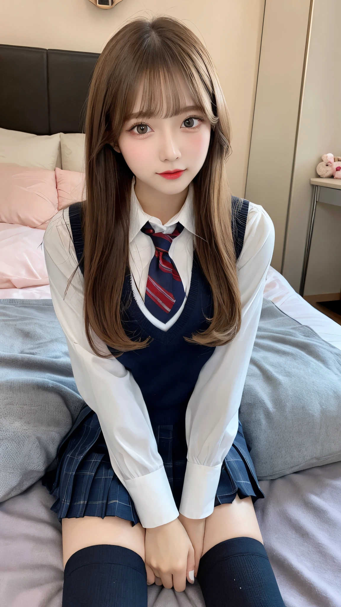 1girl in, Extremely cute face,masterpiece, top-quality, Ultra-fine、Colossal tits, Brown hair,Bust, all-fours、Beautiful valley、star pattern bra、open-shirt、Chest、Blue tie、white shirt、pleatedskirt、Forward leaning position、all-fours、nogizaka、Beautiful black eyes:1.3、17-year-old schoolgirl