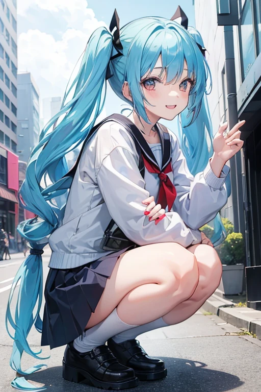 ((highest quality)), light blue long hair Beautiful girl with twin tails In a schoolyard full of flowers、Wearing a navy blue sailor suit,Talking happily with friends、A happy smile(masterpiece),