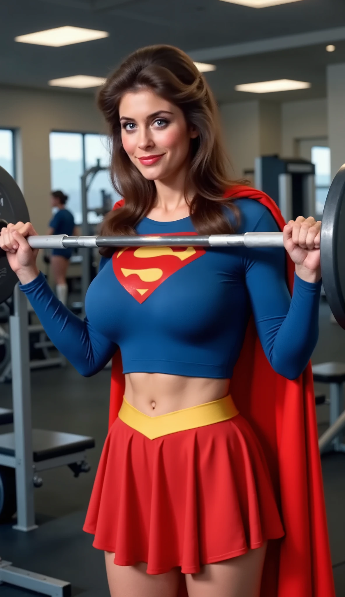 LIFTING WEIGHTS WORKING OUT AT THE GYM. DARK/BRUNETTE HAIR, LIGHT BLUE EYES. A SEXY MATURE CUTE HELEN SLATER WITH BLUE EYES AND LONG DARK HAIR WEARING A LONG SLEEVE BLUE SHORT CROP TOP WITH A "S" EMBLEM AND GOLD TRIM ON THE SLEEVES, A SHORT RED PLEATED SKIRT WITH A GOLD SUPERGIRL BELT, A PAIR OF TALL RED BOOTS WITH GOLD TRIM, AND A LONG RED CAPE. Smile, High Resolution, Detail, High Details, Super Detailed, Textured Skin, Retina, High Quality. 8K ULTRA HIGH RESOLUTION.