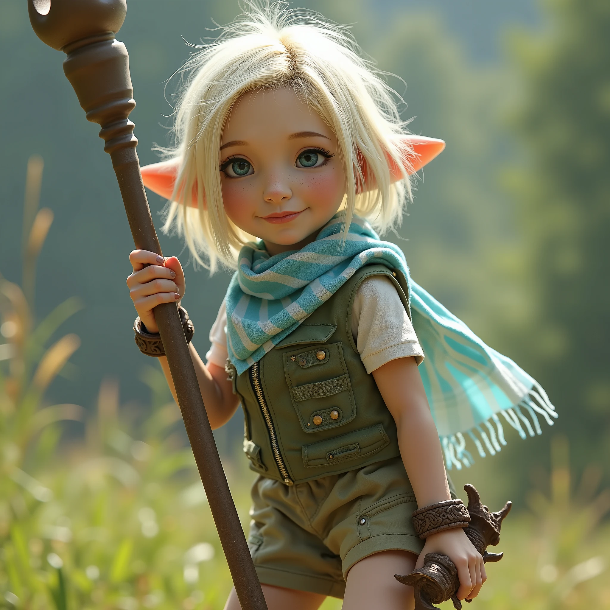 (best quality,4k,8k,highres,masterpiece:1.2),ultra-detailed, female gnome, short blond hair, blue eyes, light blue scarf with white stripes, khaki cargo shorts, green vest, wielding an orbstaff, short girl, small girl, HDR, 8k, absurdres, cinestill 800, sharp focus, add_detail:2, photorealistic, (solo, woman)