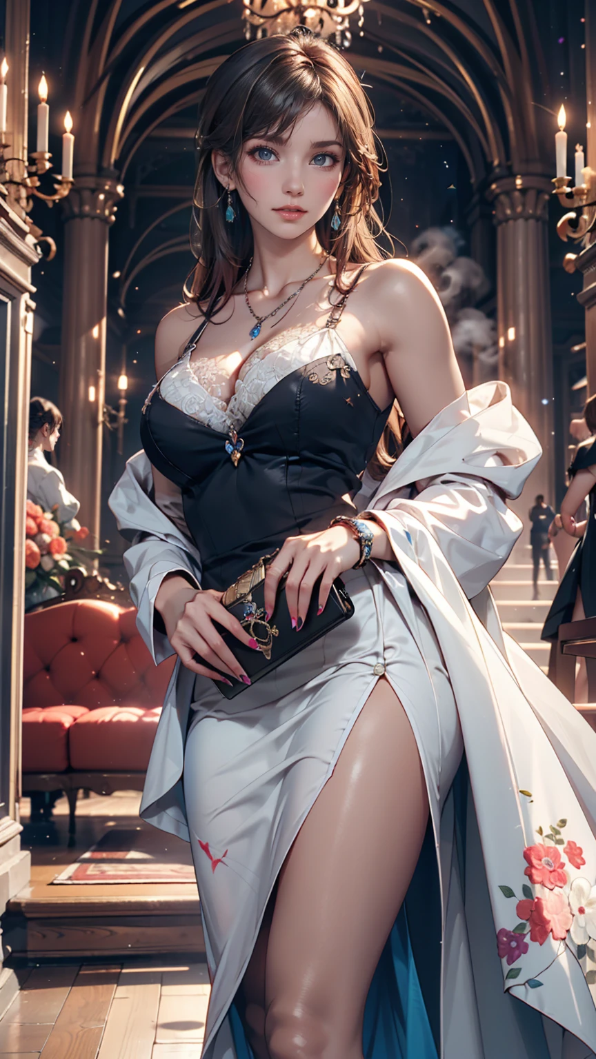 (8K, RAW Photos, highest quality, masterpiece:1.2), (Realistic, photo-Realistic:1.37)、Earrings, eyelash, pantyhose、セクシーな刺激的なsmile、 (Shiny skin:1.05)、Venus Body、Sexy proportions、Having her hair done、My chest is popping out、Wear accessories on your wrist、Wearing accessories on the ankle、Background blur((depth of field)、smile、23 year old white female、Brunette、blue eyes、JK Cosplay、Place your hands on your hips