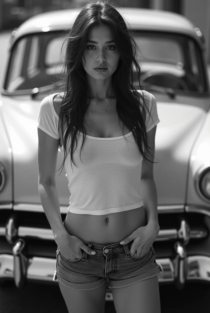 (Emma Watson) in white tank top standing on a dragster engine, 7 0 s photo, 70s photo, late 1 9 6 0's, linda wilder, photo from the 7 0 s, photo from the 70s, greg hildebrant, topless, photo of a model, halter top, 1 9 7 0 s female alive, by Allan Linder