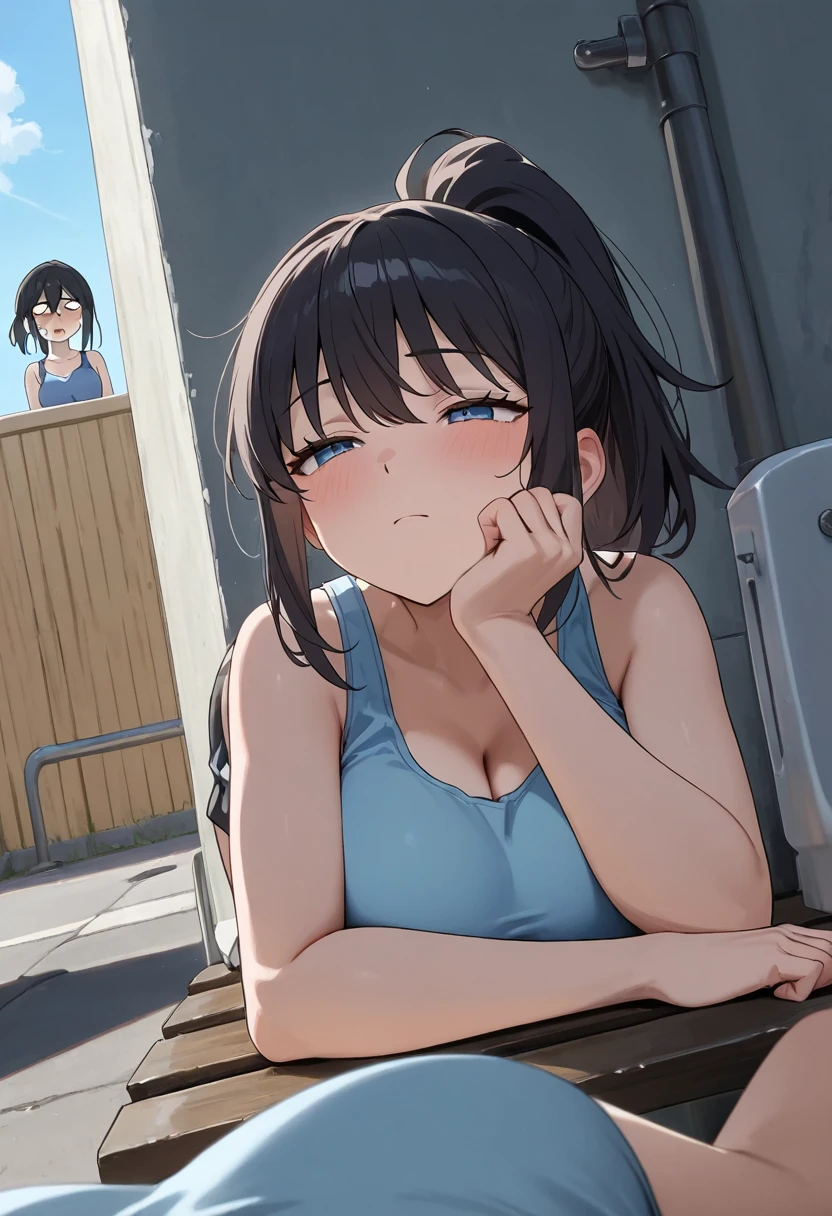 Big Breasts,50-year-old women,, light blue tank top,Lie face-down on a bench,, tired face, dark haired ponytail , masterpiece, top quality, LATEST ANIME ,  public toilet ,Outdoors .safe