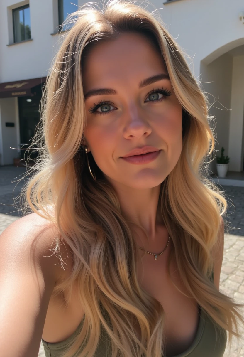 une femme blonde de 23 ans prend un selfie en plein air au soleil, 50mm f/2.8, Photorealism, Blonde Hair with Light Brown Roots, cheveux blond, Cheveux avec des racines brunes, Very long hair, yeux bleus, belle femme, vue de face, Extreme close-up of the face, zoom sur le visage, elegant black shirt, elegant beige shorts, high quality, selfie, profondeur de champ courte