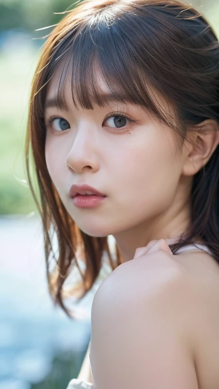 ((((masterpiece, best quality, high resolution)))), Extremely detailed 8K, Beautiful girl with voluptuous body, (Ultra HD, Ultra-detailed, Highly detailed, Highly realistic, Ultra-realistic, photograph realistic), (1girl:1.5), (Realistic white hair), short wavy black hair, bob cut, (dynamic poses), facing at camera, light smile, purple eyes, average breasts, (beautiful detailed face, beautiful detailed eyes), (white tank top, thin material), cleavage, dark jean shorts, glow, sweat, (sunbeam, sunlight)、Fishnet tights