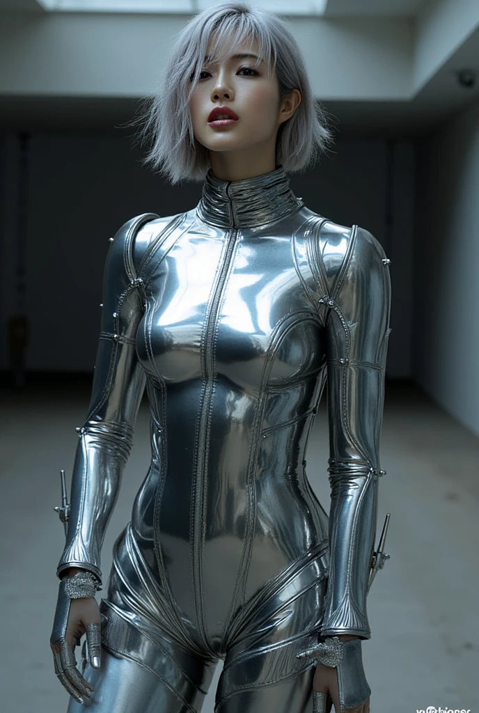 Arafed statue of a woman wearing a silver dress and silver tie, futuristic look, fashionable futuristic woman, futuristic style, サイボーグ - silver haired girl, cyborg fashion model, futuristic fashion, wearing futuristic, futuristic and fantastic, metallic shiny skin. Complex, very futuristic, Platinum Skin, silver haired girl, Cyborg Fashion Shots, Futuristic hairstyles