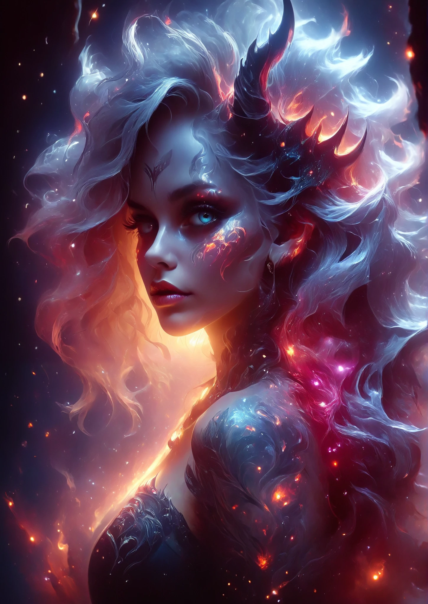 ( better quality, 4K, high resolution, masterpiece: 1.2), realistic, portrait, detailed facial expressions , Terrifying demon with 10 beautiful faces of s on its body , otherworldly, Unique and unforgettable thing , The face of each sings : Diabolical features , pale skin with an ethereal glow , sharp fangs, penetrating eyes with brilliant colors , silvery-white hair flowing , fierce expressions , and long, Slender necks. The face of is uniquely decorated with intricate tattoos, her elongated limbs , and adorned with delicate jewels . Stylized devil horns , deep space filled with nebulous , casting subtle shadows on the devil's skin , contrast of darkness and light , translucent wings, Spreads gracefully behind the devil , both beautiful and Creates an atmosphere . threat. A lustful smile that invites the viewer to have sex , Shark teeth peek between the lips , the most beautiful face in the universe