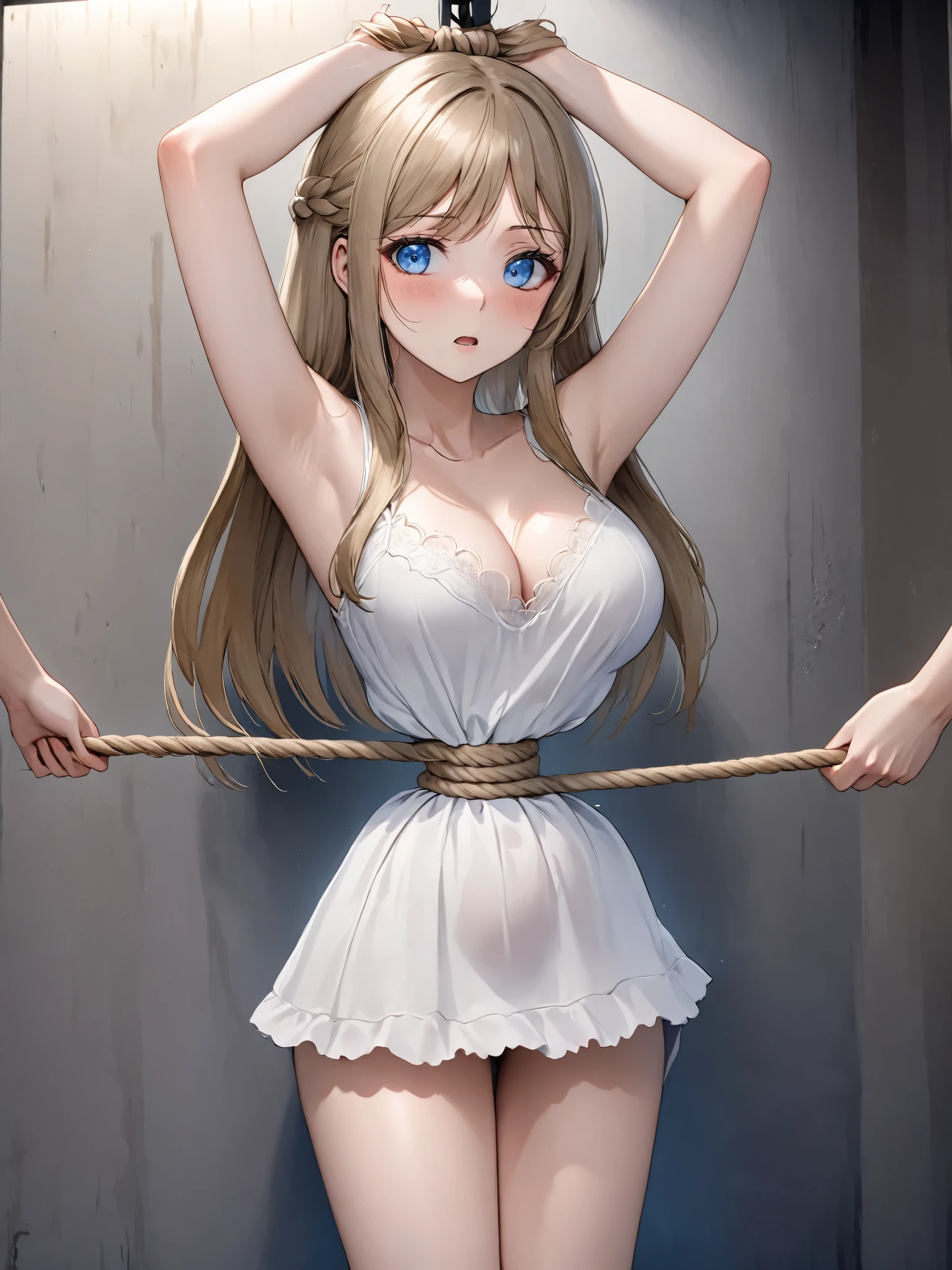 Beautiful 1girl, full body, teenager, solo, (very long waist length blonde hair, straight blonde hair: 1.28), ((light blue eyes)), clear skin, (large darker fox ears: 1.45), pale skin, medium breasts, cleavage, (thin hips, thin waist , athletic body: 1.25), background, looking away,, revealing clothes, (wearing bra & panties: 1.5), (shibari, arms bound behind head:1.7), (suspended from ceiling: 1.6), 4k textures, soft light, elegant, highly detailed, sharp focus, soothing tones,