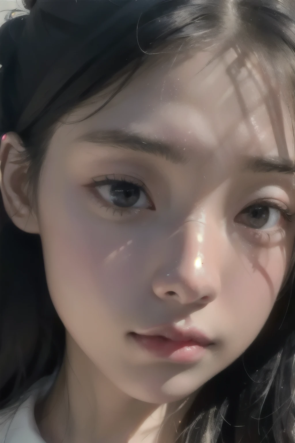 1girll,Light shines on the face, rosy lips, topknot, glowing eyes, hair bun, Surrealism, close-up, Sony FE GM, polar opposites, symmetry, UHD, masterpiece, super detail, high details, highres