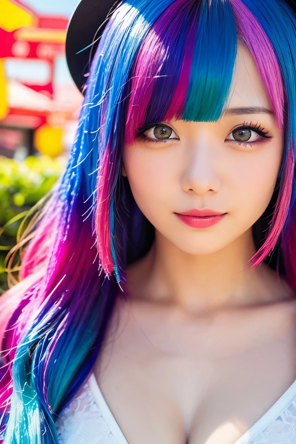 high quality, realistic、 Hi-Res, realistic、8k、 Masterpiece, Details.Impressive、Alone、( White Bikinis)、 cutting-edge photo portrait of a woman、Expression of happiness、The way you look at someone you love、 yellow、Cyan, and purple, (( her colorful hair is gathered in a high position、Various hair colors:1.3)) 、 her bright makeup is really eye-catching