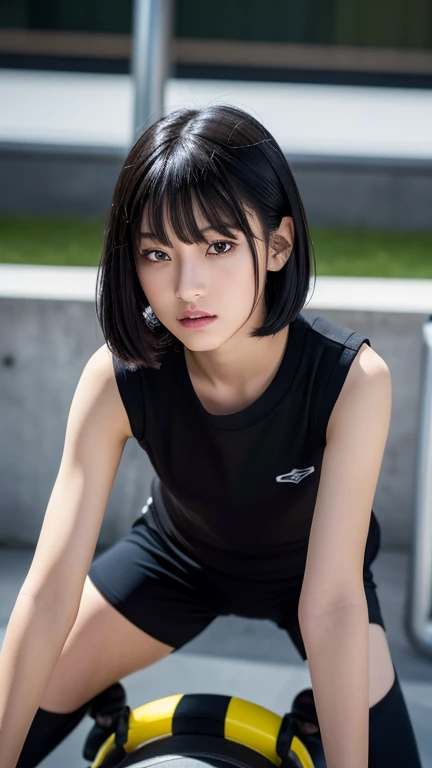 (masterpiece, highest quality:1.4), Award-winning portraits, 8k, 85mm, alone, Beautiful Face, Delicate girl, (Cheerleader、On the grass), Sophisticated, cute, 15 years old, RAW Photos, Confused, High resolution, Sharp focus, Background Blur、(((flat 、thin and delicate body、Childish atmosphere)))、Glossy short bob、Mole on the left cheek、 Dark blue eyes、the skirt is swaying in the wind、Hair swaying in the wind、sexy、flexible legs、naked、Angle shot from below