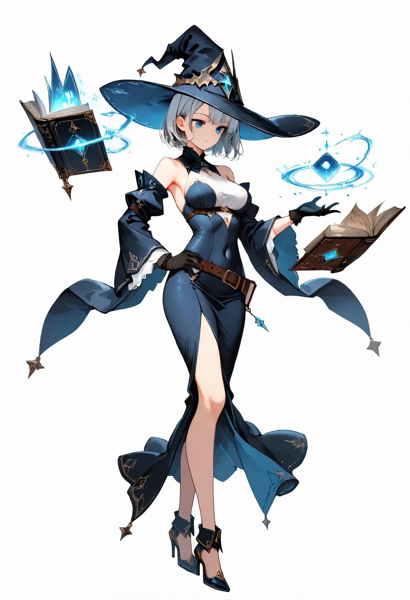 1girl, blue eyes, solo, book, witch hat, hat, floating book, gloves, witch, breasts, simple background, floating object, high heels, wide sleeves, covered navel, detached sleeves, grey hair, dress, full body, white background, short hair, black gloves, magic, floating, hand on hip, belt, bare shoulders 