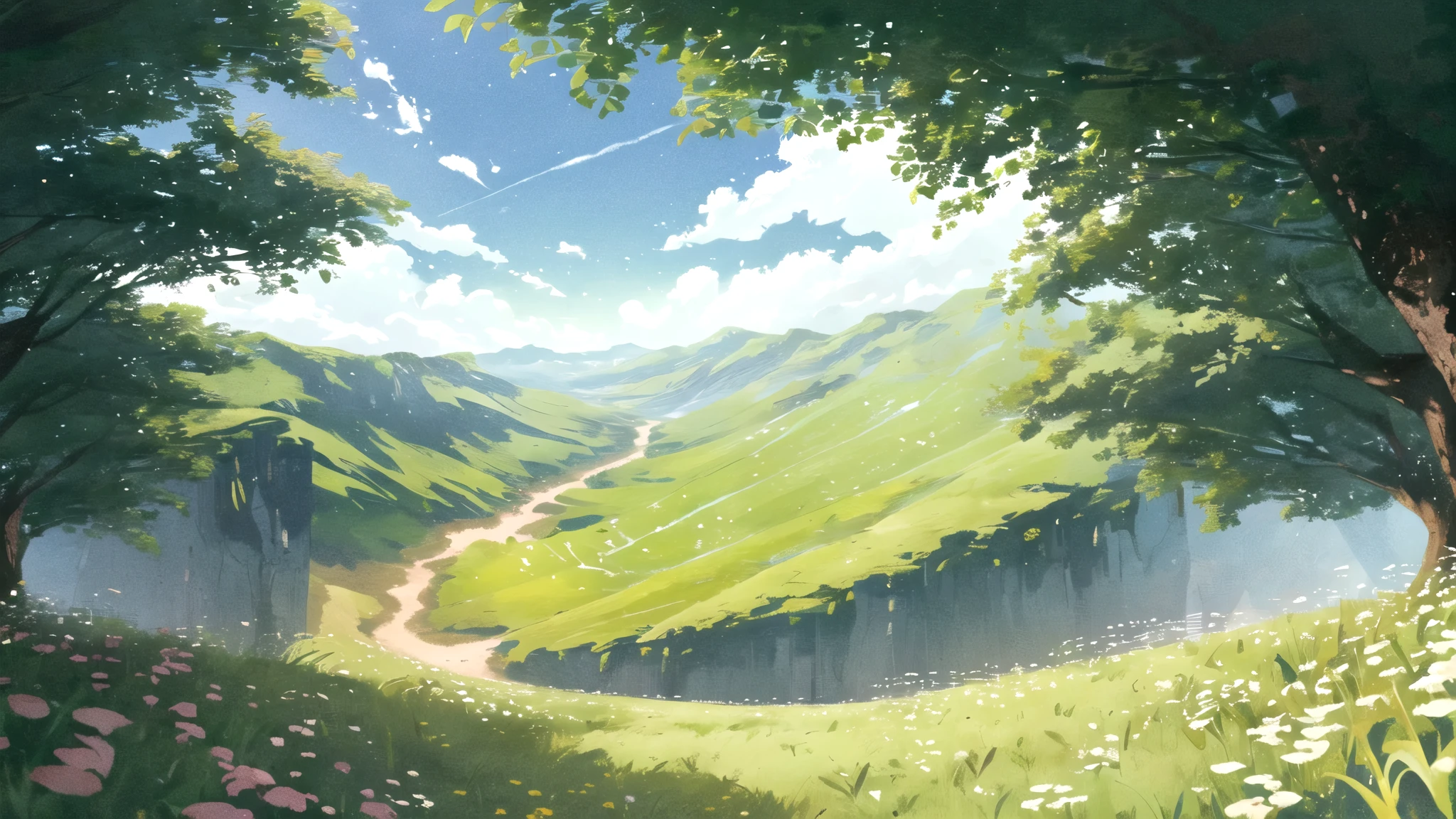 masterpiece, best quality, potg style, scenery, flowers, grasslands, from below,