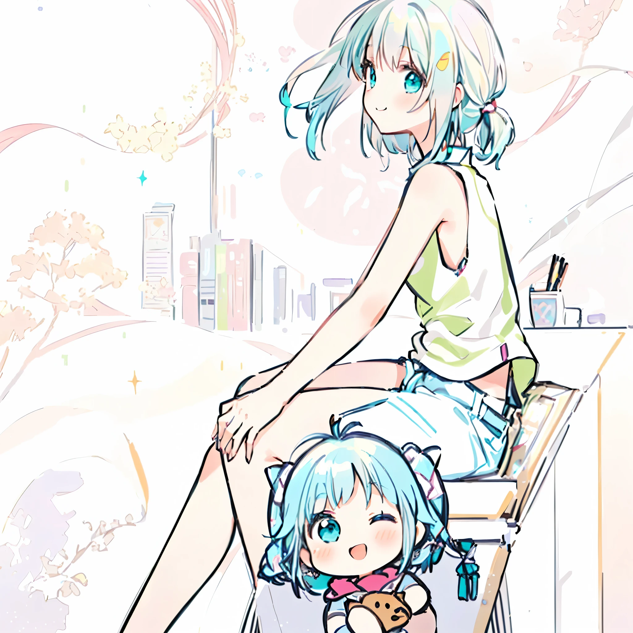 Anime girl sitting at a desk with a stuffed animal, Rimuru and Milim , By Yuumei, Anime style 2d, ilustración de Anime style, Beautiful Art Style, anime girl with teal hair , Anime style , ordenador Anime style mezclado con Fujifilm , land of sparkles , obra de arte de Anime style , Hatsune Miku's short hair , anime style 4k , The best quality , smiling at the spectator