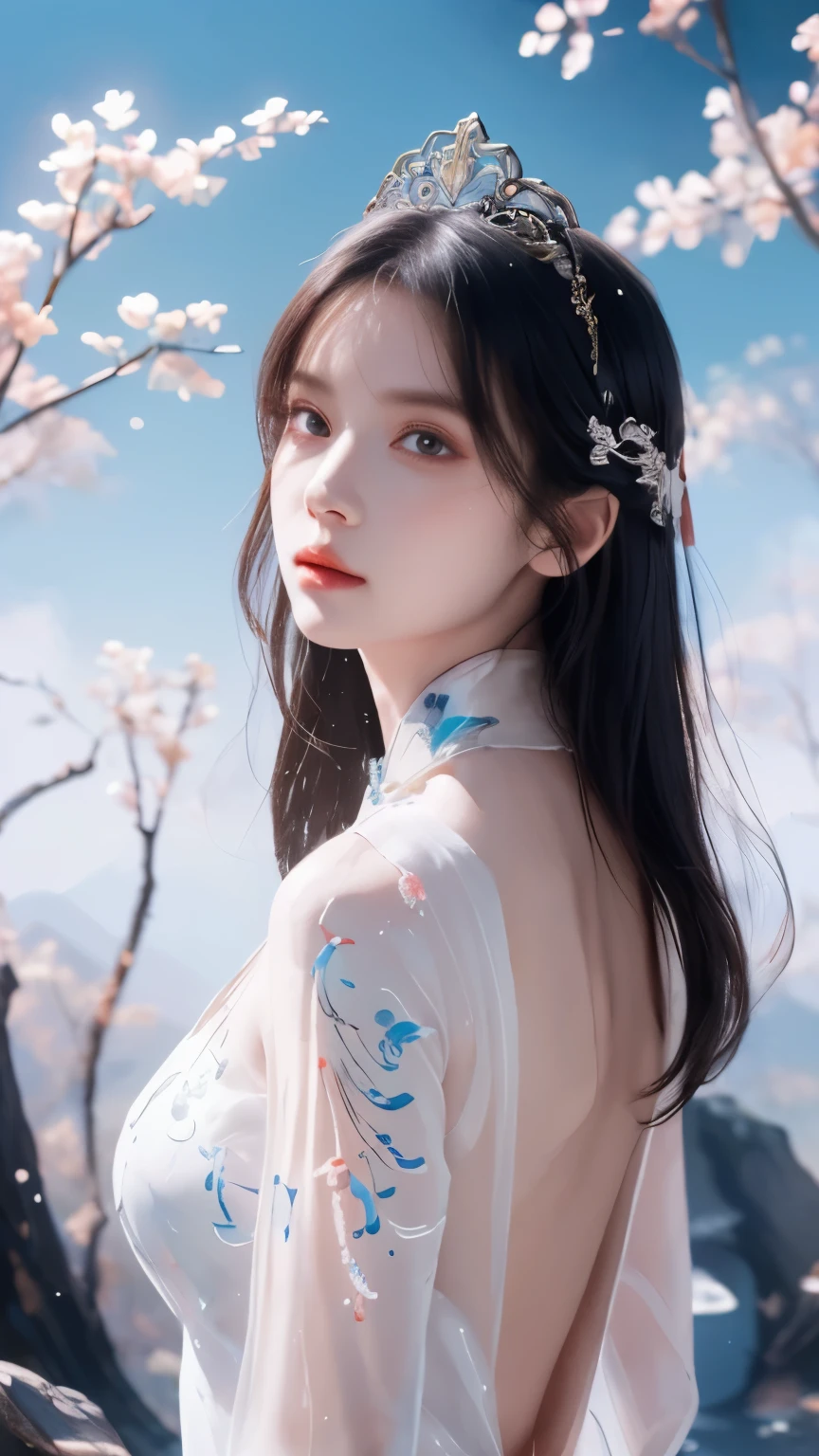 (((masterpiece))),(((best quality))),((ultra-detailed)), ((illustration)),floating, ((an extremely delicate and beautiful)),(beautiful detailed eyes), (painting),(sketch),((neck)),(((back))),(looking back), blush,dhalter dress, backless dress ,hyper detailed,eyes,(black hair),upper body, (((Clear face))),((Clear eyes)), bangs, serious face, (((Chinese cloth,ornament))),{Ink painting style},{Ancient Chinese style},very long hair,disheveled hair,messy_hair,white hair,flowing hair,wind,glowing eyes,cinematic lighting,everything floating,Extremely gorgeous,legend,epic,feather, leaves, nature, (sunlight), river, (forest),(painting),(sketch),((:1.3)),{petite},{cute face},((flat chested)),(Sketch),(laurel crown ),(((beautiful detailed sky,smooth))),(soft),((beautiful detailed eyes and face)),(neck ring),(necklace),(pendant),((white dress)),(detailed light),(beautiful detailed eyes),shinelight ),(lighting particle),(colorful),((((Chinese ink painting))), ((((Ink dyeing)))),