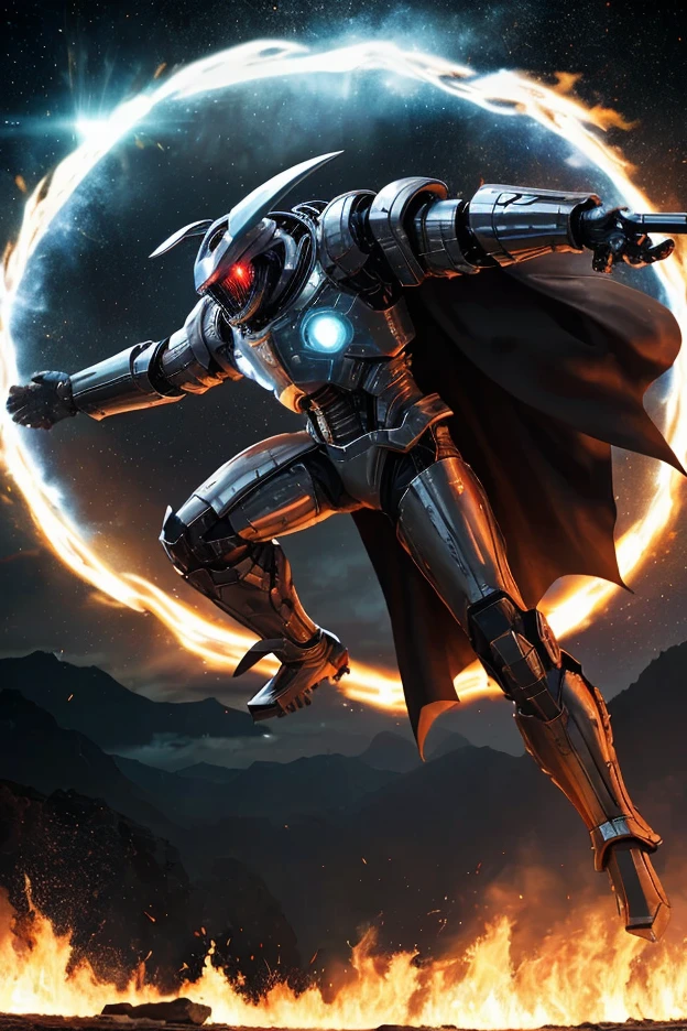 1male, space warrior in sleek metallic armor with glowing blue accents and intricate engravings; the armor features a flowing black cape dramatically billowing in the wind; wielding a plasma sword mid-swing with radiant blue energy trails; the character is leaping forward in an aggressive and heroic pose, eyes glowing intensely with determination, set on a chaotic alien battlefield with explosions and debris flying through the air; distant mountains glowing with molten lava; a massive alien spaceship hovering ominously in the background; dynamic low-angle shot to emphasize action and scale, cinematic lighting with intense highlights and shadows; glowing plasma sword casting vibrant blue light onto the character and surroundings; volumetric light rays cutting through the smoky battlefield; sparks, glowing embers, and energy particles enhancing the sense of motion, epic sci-fi blockbuster style with dramatic tension; high-energy and action-packed,