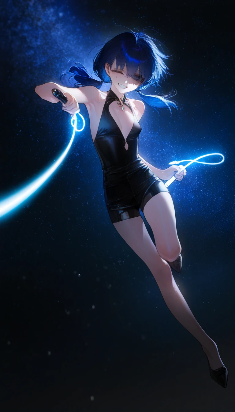 1girl, superhero, leotard, bare legs, boots, matching boots, dark blue hair, dark blue eyes, star symbol on chest, bob hair, medium breasts, light particles, aura, blue aura, stand, standing, space backdrop, magic, hand on hip, beautiful detailed eyes, body infused with blue aura, glowing body