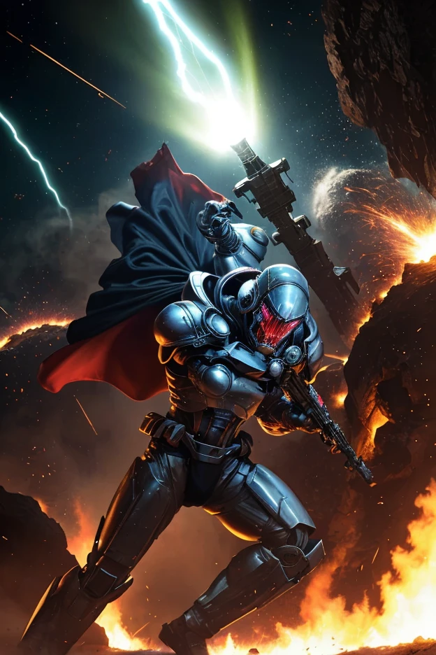 1male, space warrior in sleek metallic armor with glowing blue accents and intricate engravings; the armor features a flowing black cape dramatically billowing in the wind; wielding a plasma sword mid-swing with radiant blue energy trails; the character is leaping forward in an aggressive and heroic pose, eyes glowing intensely with determination, set on a chaotic alien battlefield with explosions and debris flying through the air; distant mountains glowing with molten lava; a massive alien spaceship hovering ominously in the background; dynamic low-angle shot to emphasize action and scale, cinematic lighting with intense highlights and shadows; glowing plasma sword casting vibrant blue light onto the character and surroundings; volumetric light rays cutting through the smoky battlefield; sparks, glowing embers, and energy particles enhancing the sense of motion, epic sci-fi blockbuster style with dramatic tension; high-energy and action-packed,