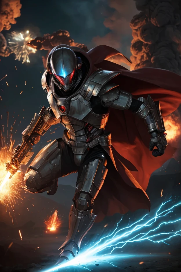 1male, space warrior in sleek metallic armor with glowing blue accents and intricate engravings; the armor features a flowing black cape dramatically billowing in the wind; wielding a plasma sword mid-swing with radiant blue energy trails; the character is leaping forward in an aggressive and heroic pose, eyes glowing intensely with determination, set on a chaotic alien battlefield with explosions and debris flying through the air; distant mountains glowing with molten lava; a massive alien spaceship hovering ominously in the background; dynamic low-angle shot to emphasize action and scale, cinematic lighting with intense highlights and shadows; glowing plasma sword casting vibrant blue light onto the character and surroundings; volumetric light rays cutting through the smoky battlefield; sparks, glowing embers, and energy particles enhancing the sense of motion, epic sci-fi blockbuster style with dramatic tension; high-energy and action-packed,