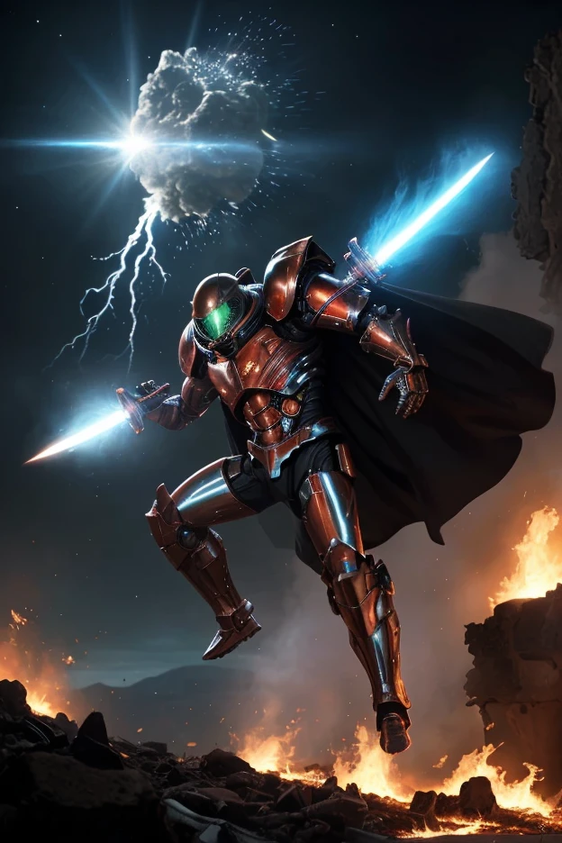 1male, space warrior in sleek metallic armor with glowing blue accents and intricate engravings; the armor features a flowing black cape dramatically billowing in the wind; wielding a plasma sword mid-swing with radiant blue energy trails; the character is leaping forward in an aggressive and heroic pose, eyes glowing intensely with determination, set on a chaotic alien battlefield with explosions and debris flying through the air; distant mountains glowing with molten lava; a massive alien spaceship hovering ominously in the background; dynamic low-angle shot to emphasize action and scale, cinematic lighting with intense highlights and shadows; glowing plasma sword casting vibrant blue light onto the character and surroundings; volumetric light rays cutting through the smoky battlefield; sparks, glowing embers, and energy particles enhancing the sense of motion, epic sci-fi blockbuster style with dramatic tension; high-energy and action-packed,