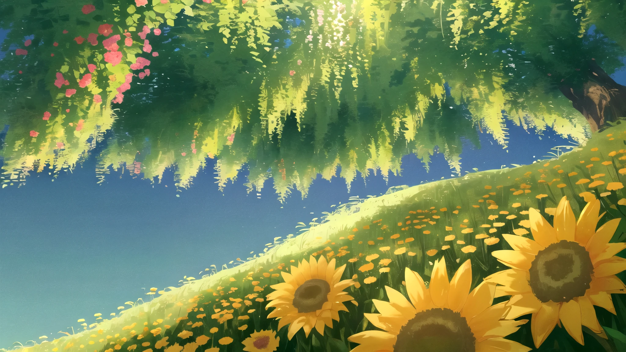 masterpiece, best quality, potg style, scenery, flowers, grasslands, from below,