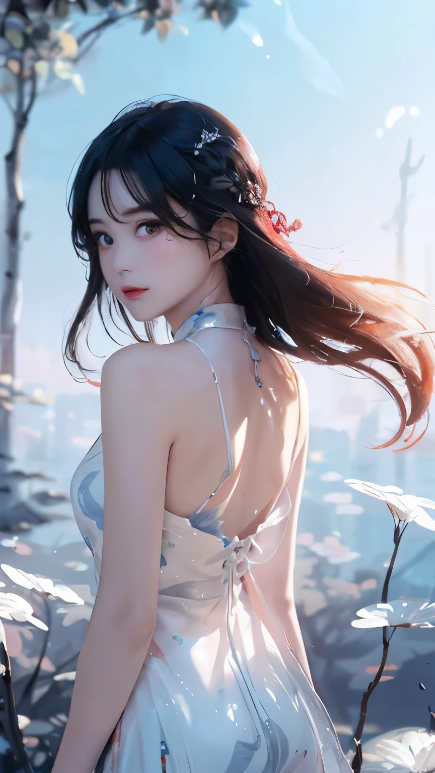 (Front Focus、Perfect Anatomy:1.5)、(ultra-detailliert、16k picture quality、Raw photo: 1.6)、Portrait of a hyperrealist woman、Fantasia 、art by、photoRealstic、Dynamic lighting、Volume Lighting、extra detailed face、smil、女の子1人、sixteen years old、cleavage of the breast、(White ONE PIECE DRESS:1.5)Back exposure、Exposed shoulders、Looking Back、Ultra Detailed Hand 1.5:)(Asians、Lots of street stalls、夏天:1.5)(sun shower、Rain shaking:1.5)