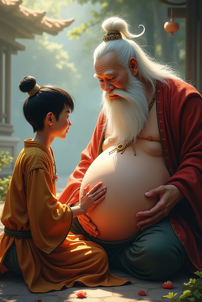 {high quality}, Octane Rendering, Ultra HD, Depth of Field, epic, Movie, ancient China, girl, Cute face, Blue sky and white clouds,Transparent white clothing, pregnant,Tall caucasian grandpa hugging him from behind