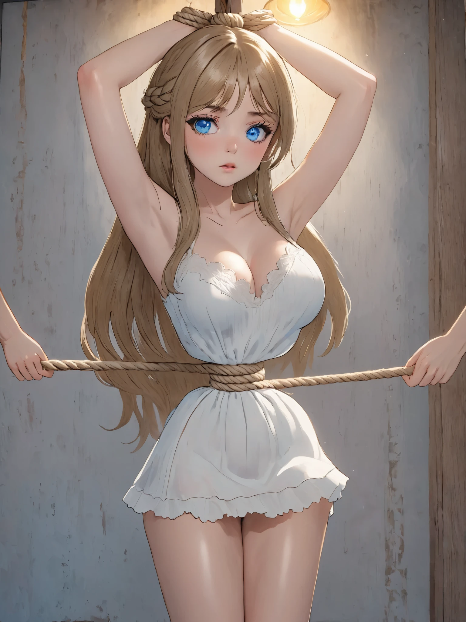 ((Real Picture Style ))),(( Masterpiece )), (( Top Quality)), ( very detailed ), Torture Room ,(((Hemp Rope Tightening Around her Waist))), cute girl,white Lace Slip Dress,beautiful lightbrown hair ,(beautiful blue eyes ), long hair, expression of pain
