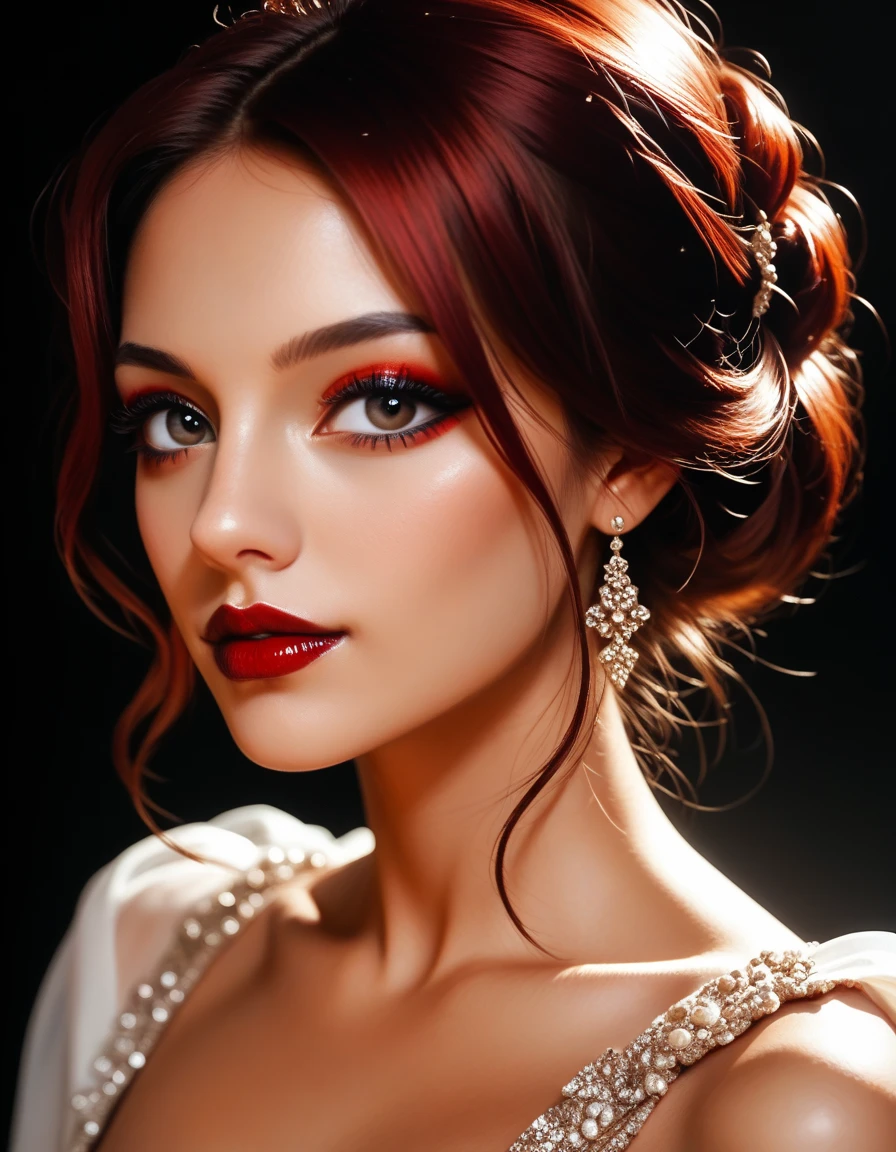 Twilight lady, beautiful and mysterious woman, a work of art of beauty, realistic and sharp focus, body from the knee up, wearing elegant. Professionally retouched, soft lighting, realistic and smooth face, perfect eyes, sharp focus on eyes, 8k, high definition, incredibly detailed, complex, elegant Ruby and gold earrings and necklace. on a dark background with white flowers drefocused in studio, long red hair, spotlight of yellow light for the flowers, Nikon D7000 camera, 35mm lens, f22, speed 125sec, striking face, expressive and crystalline amber eyes, black floral tulle veil with embroidered edges gold, bright red satin corset, detailed and intricate, draped black skirt, light fabric, with small red roses at the waist, dynamic pose. Full HD.