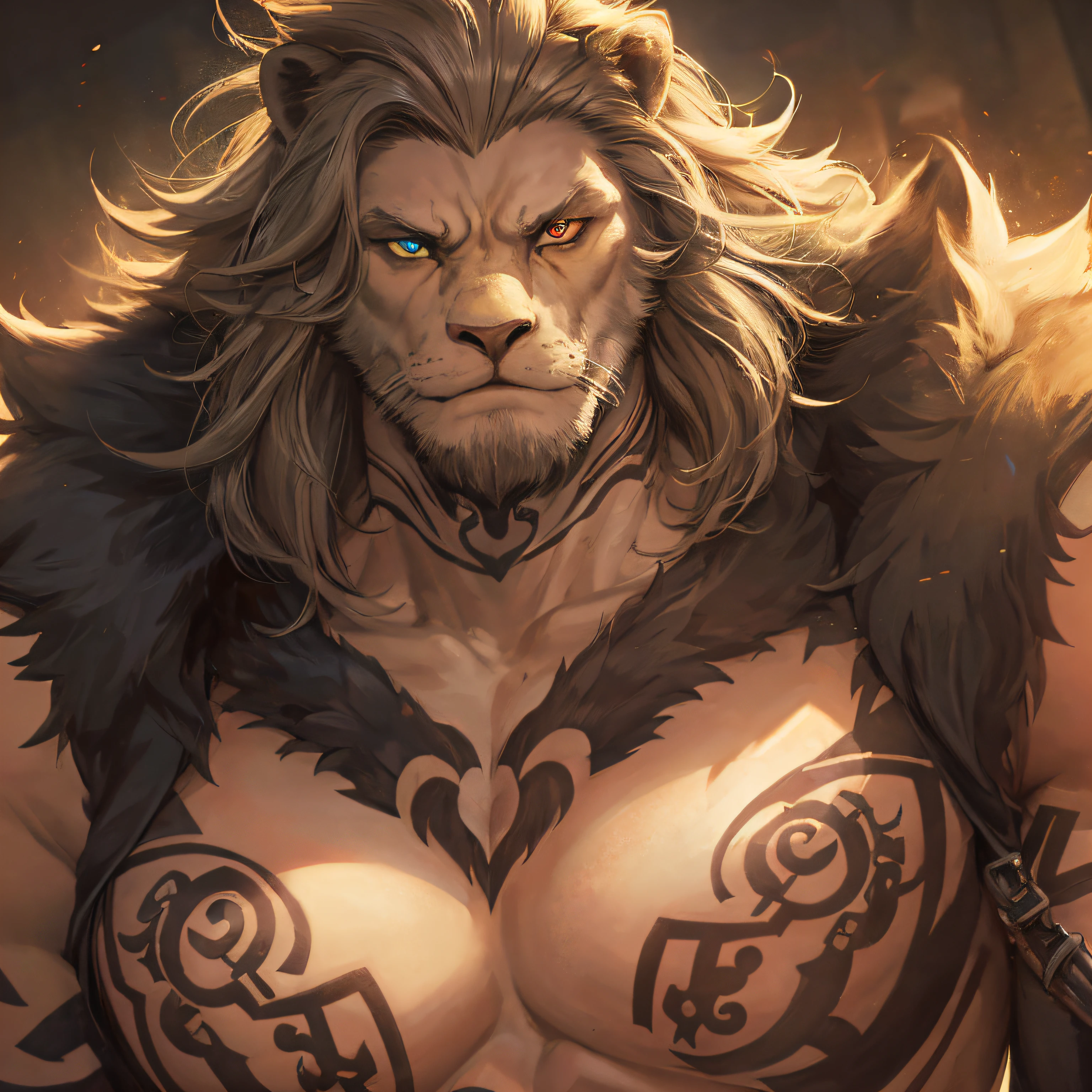 (masterpiece),(highres),(intricate details:1.4),extremely detailed,(illustration:1.2),8k,photorealistic,exquisite,(daddy:1.5),aged,(elder male lion:1.7),muscular,(Viking warrior:1.5),(brave and powerful:1.5),manhood,warrior,long hair,long beard,(numerous scars),(bulging crotch:1.8),(homosexual:1.5),(a exhausted face:1.9),(naked body:1.6)