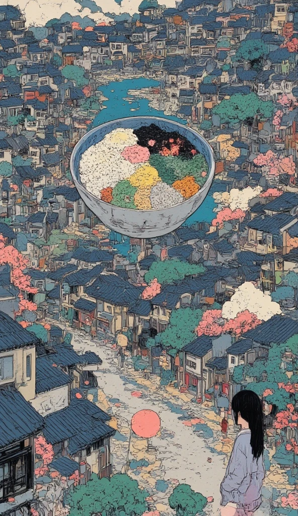 A large expanse of water in space, beautiful landscape. bird's eye view of beautiful super gigantic huge realistic Bibimbap\(korean rice bowl with Namul and kimchi\) as large as universe. photogenic. focus Bibimbap,close up gigantic Bibimbap. korean local old town,korean girl