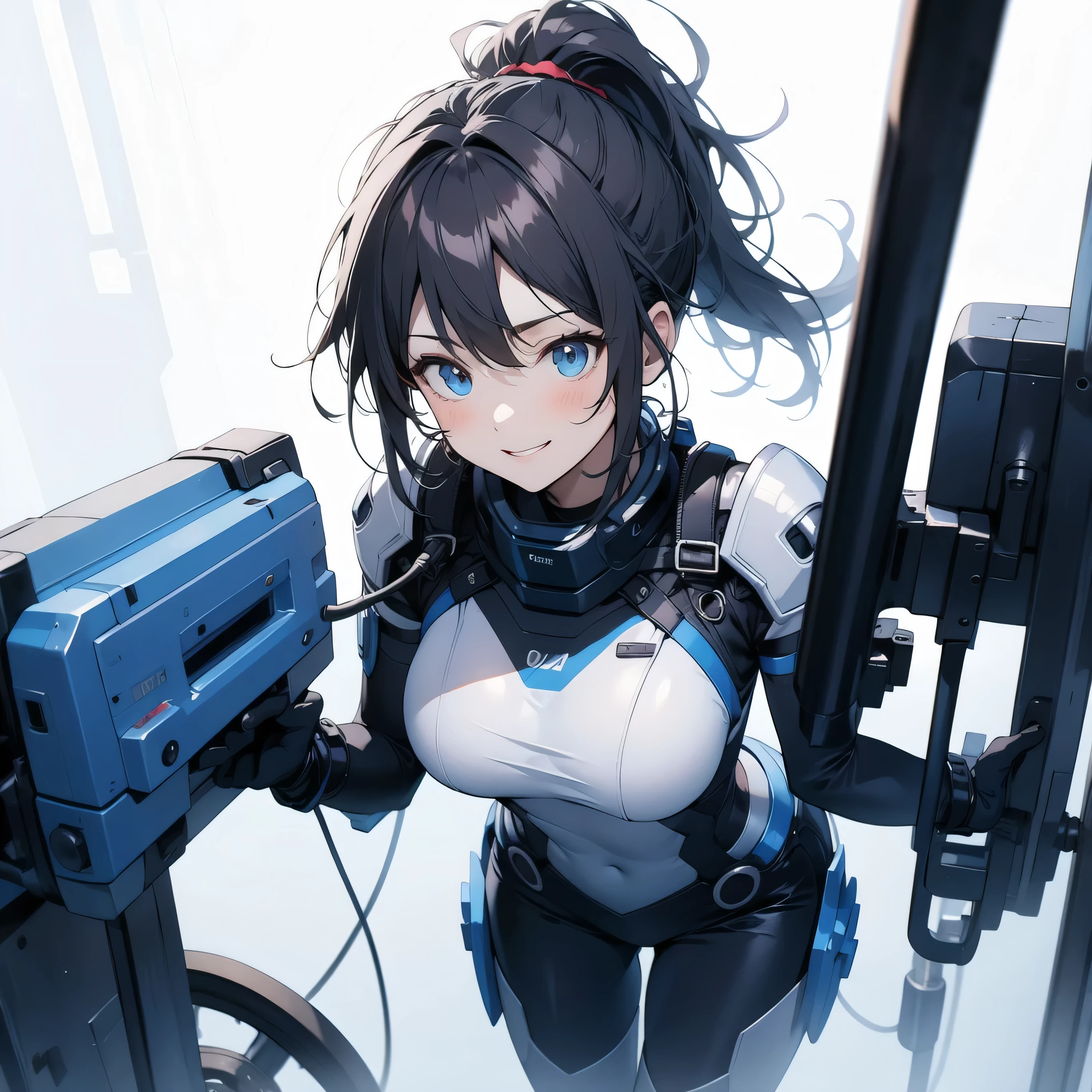  in the seat、 moderate bust、smile、 detailed expressions 、ruanyi0152 、( white background)、 ruanyi0238 、 blue glowing parts 、cable、Complex and precise instruments、Machinery Parts、 high knot ponytail、whole body、 top quality、 Masterpiece、 Hi-Res、 dynamic pose、 model stand、 Official Art、  very elaborate CG Unity 8K wallpaper  、Carrying a large flying unit、 long boots、Exoskeleton、 gloves up to the elbow 