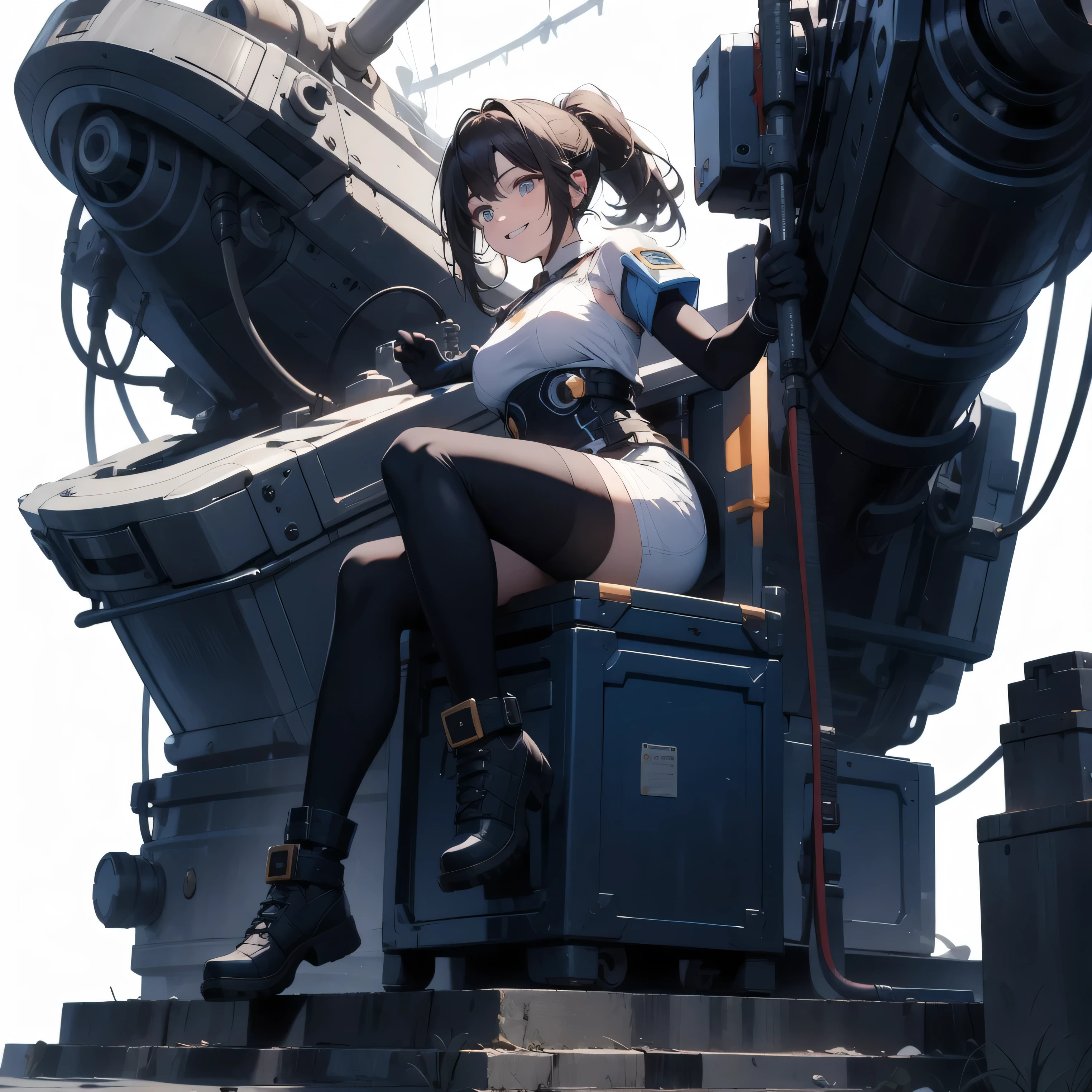 brown hair to shoulders, big breast, furutistic torn black revealing clothes with red details, villain, female sitting pose, pic above from knees, with futuristic city background in the sunset, two legs only