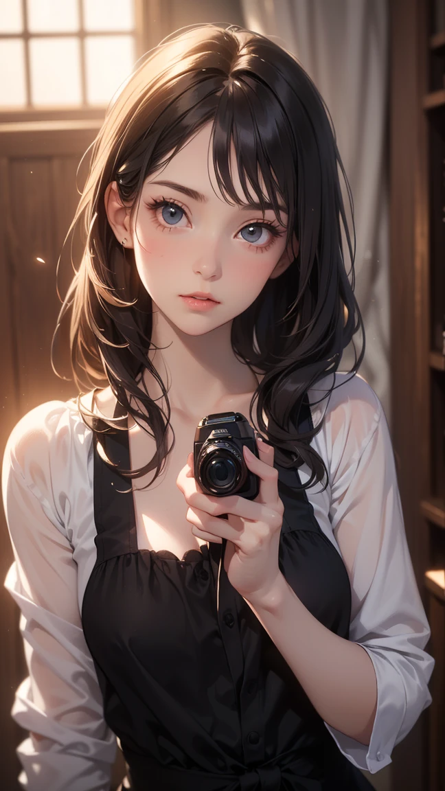 Girl squatting with mouth open、Top view、(((pov))), Through the viewfinder of a smartphone、