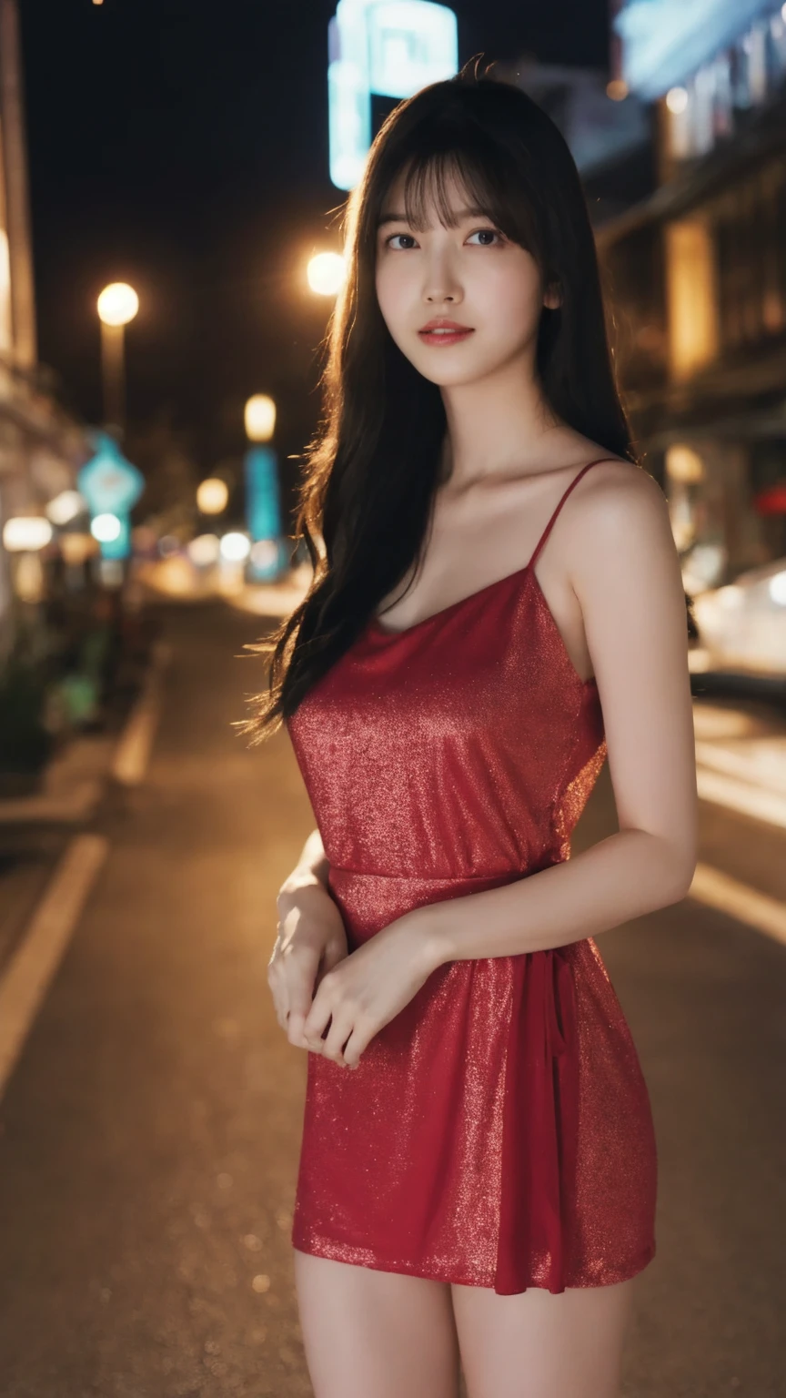Beautiful black-haired girl with brown eyes and long hair wearing sexy red dress walking through the streets of Quito at night
