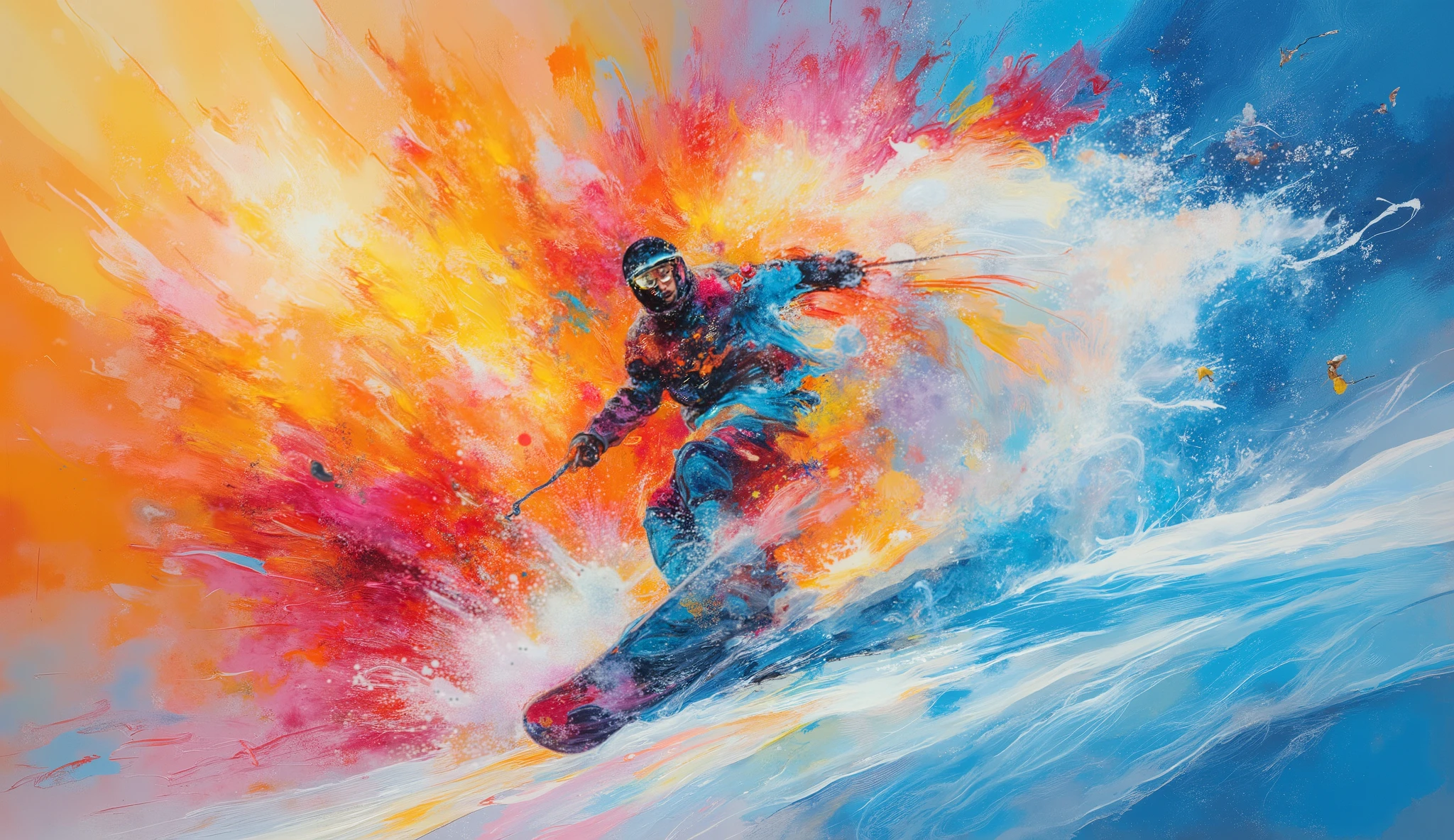 modern mixed media artwork combining winter sports photography and abstract art, worm's eye view of a snowboarder executing an aerial maneuver, explosive paint splashes in cool winter tones mixed with warm accent colors, crystalline snow particles frozen in mid-air, cinematic perspective