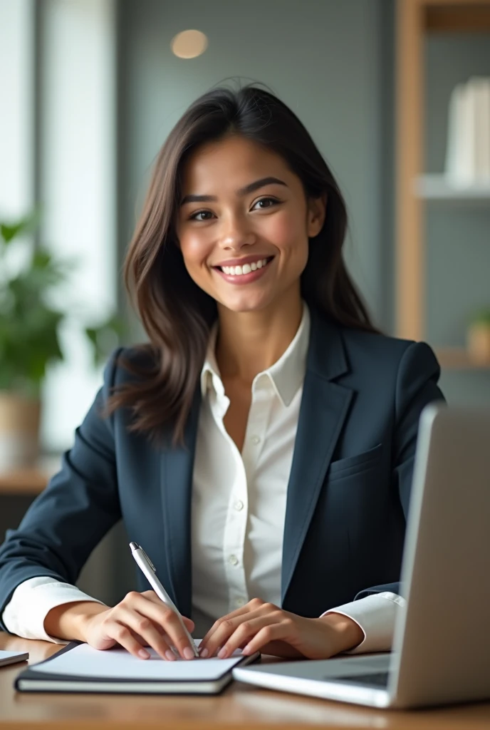 Latin woman, of 1,80 meters high, slim brunette, straight black hair without waves, large eyes, elongated profile , a woman with a runny nose, medium thick lips, with a beautiful smile, professional, executive , working on a computer, explaining a topic, wearing a white blazer, asking a question