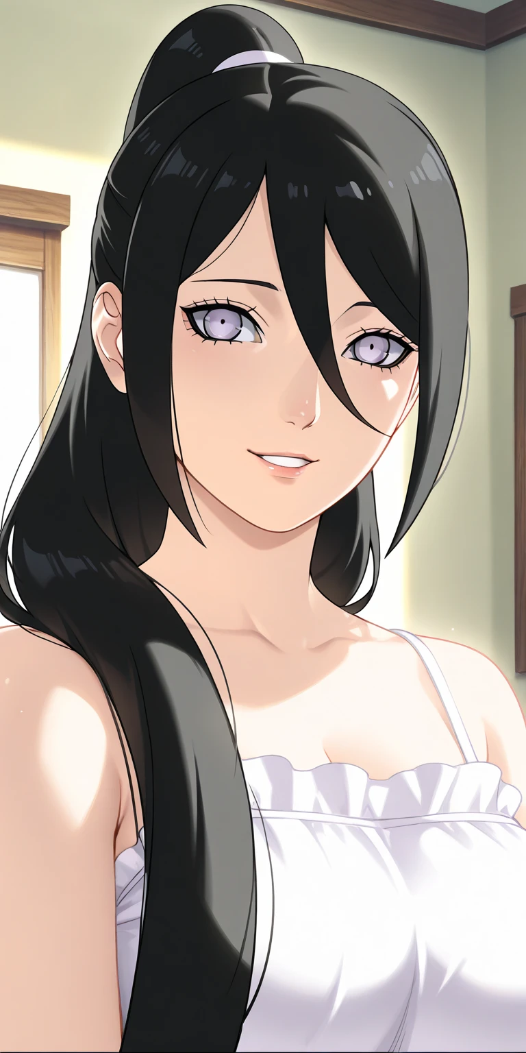masterpiece, ((ultra detailed background, delicate pattern, intricate detail)), (highly detailed, fine details), best quality, beautiful lighting, NicoRobinV2, 1girl, black hair, long hair, solo, smile, blue eyes, closed mouth, hair slicked back, large breasts, white bikini
