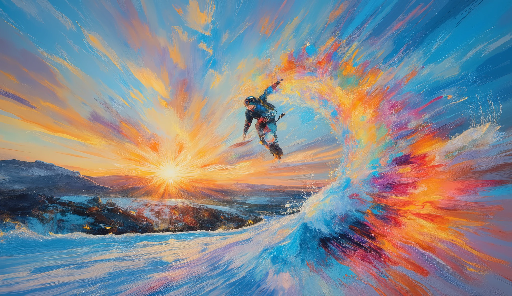 extreme sports photography merged with abstract expressionism, low-angle view capturing a snowboarder suspended in a backflip, swirling snow crystals and paint splatters in bright blues and reds create motion blur effect, dramatic shadows on pristine snow, golden hour lighting casting long shadows