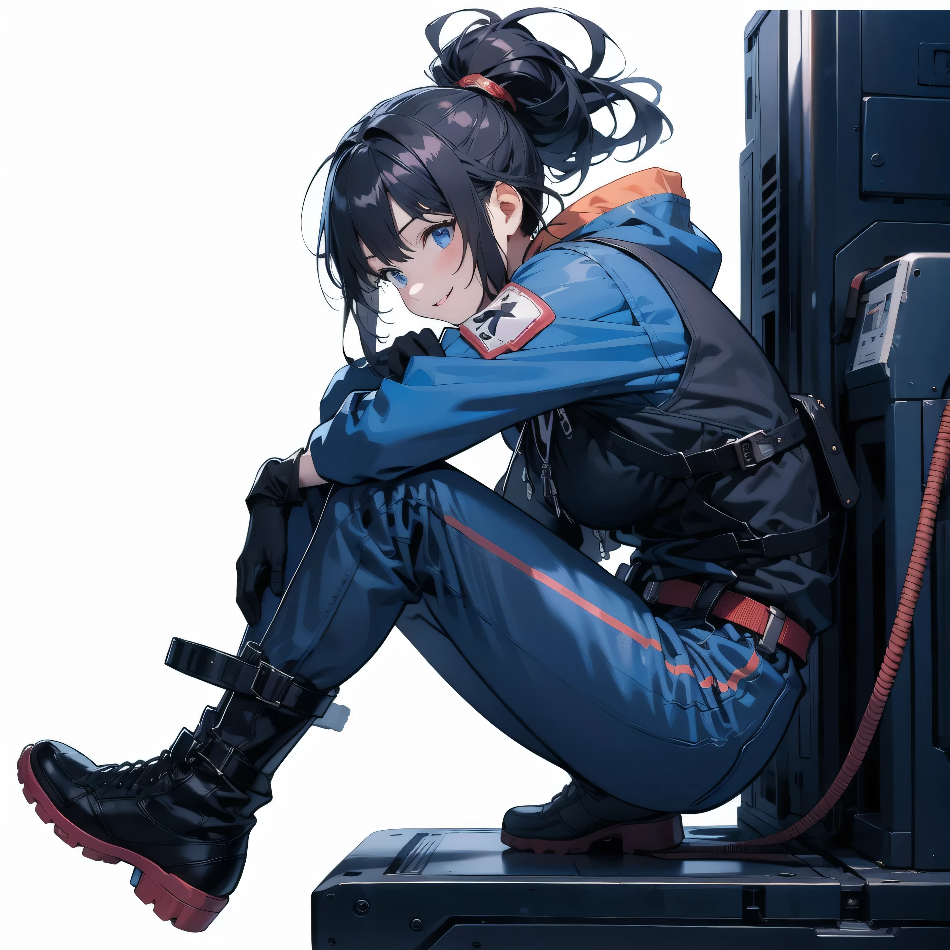 in the seat、 moderate bust、smile、 detailed expressions 、ruanyi0152 、( white background)、 ruanyi0238 、 blue glowing parts 、cable、Complex and precise instruments、Machinery Parts、 high knot ponytail、whole body、 top quality、 Masterpiece、 Hi-Res、 dynamic pose、 model stand、 Official Art、 very elaborate CG Unity 8K wallpaper 、Carrying a large flying unit、 long boots、Exoskeleton、 gloves up to the elbow